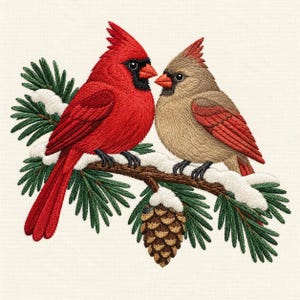 May include: An embroidery design featuring two northern cardinal birds perched on a snow-covered pine branch. The male bird is bright red with a black face mask, while the female is tan with red accents. A brown pinecone hangs from the branch.