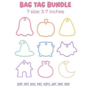 May include: A digital bundle of nine Halloween-themed bag tag outlines in pastel colours, including a ghost, pumpkin, candy corn, witch hat, cauldron, bat, house, potion bottle, and moon. Text reads BAG TAG BUNDLE, 7 size: 3-7 inches, EXP, DST, HUS, PES, VIP3, JEF, INF, XXX.