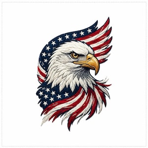 May include: A detailed illustration of an American bald eagle. The eagle's head and chest are white, with a yellow beak and piercing eyes. Its wings are adorned with the American flag's red and white stripes and blue field of stars.