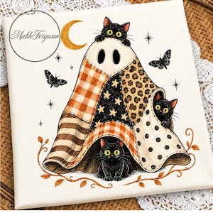 May include: A square white fabric print featuring a ghost-shaped patchwork blanket with orange gingham, black star, leopard print, and polka dot patterns. Three black cats with yellow eyes peek out from under the blanket. A crescent moon and butterflies surround the central ghost figure, with the text Mable Ferguson printed in the upper left corner.