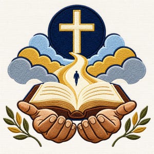 May include: An embroidered design featuring two hands holding an open book. A path leads from the book toward a silhouette of a person walking toward a glowing cross set against a dark blue circle, surrounded by stylized light blue and gold clouds.