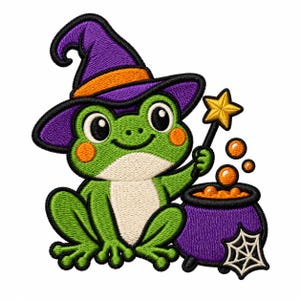 Puede incluir: Un parche bordado que muestra una rana verde con un sombrero de bruja morado y una banda naranja. La rana sostiene una varita con una estrella amarilla sobre un caldero morado lleno de líquido naranja y burbujas, con una telaraña blanca.