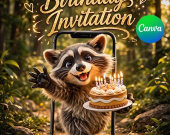 Zauberhafte Wald-Geburtstagseinladung | Niedliches Waschbär-Party-Thema Canva Vorlage, digitaler Download