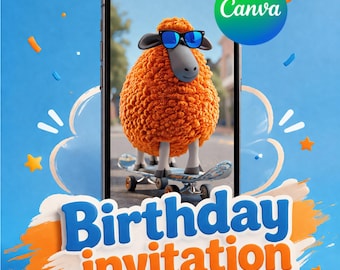 Edytowalny film z zaproszeniem urodzinowym w kształcie uroczej owcy | Zabawne, nowoczesne, animowane zaproszenie | Szablon Canva, wersja cyfrowa do pobrania