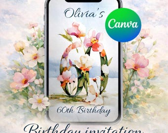 Editable 60 Years in Bloom – Animated Garden Party Invitation  | Canva Template, Digital Download