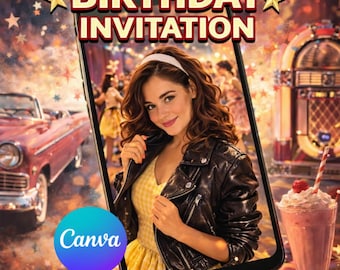 Retro Rock and Roll Birthday Invitation Video | Vintage Rockabilly Party Invite | Canva Template, Digital Download