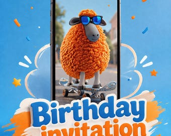 Spersonalizowane zaproszenie urodzinowe z uroczym owcą, zabawne, nowoczesne, animowane zaproszenie, wideo z mówiącą owcą, cyfrowe zaproszenie na imprezę