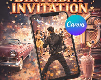Rock and Roll Party Birthday Invitation | Canva Template, Digital Download