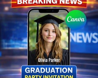 Edytowalny film z zaproszeniem na ukończenie szkoły dla dziewcząt | Zaproszenie na imprezę w stylu News | Szablon Canva, wersja cyfrowa do pobrania
