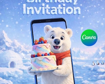 Polar Bear Birthday Invitation, Join the Celebration | Canva Template, Digital Download