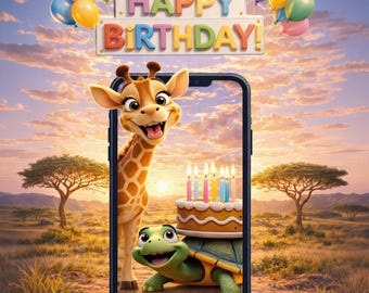 Birthday Magic! Cute Giraffe & Turtle Bring a Cake | Birthday  Digital Message | cartoon 15 sec