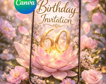 60th Birthday Invitation Video, Elegant 60 Invite, Gold Flower Birthday Invitation, Animated Phone Invitation, Digital Birthday Invite