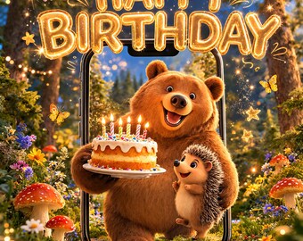 Magischer Waldgeburtstag mit Bär | Geburtstags-Digital-Nachricht | cartoon 15 sek