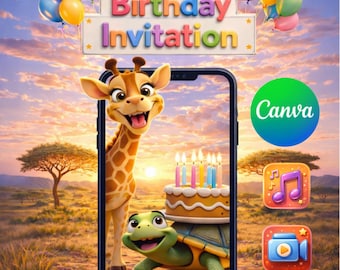 Editable Birthday Invitation Cute Giraffe & Turtle Party Video | Canva Template, Digital Download