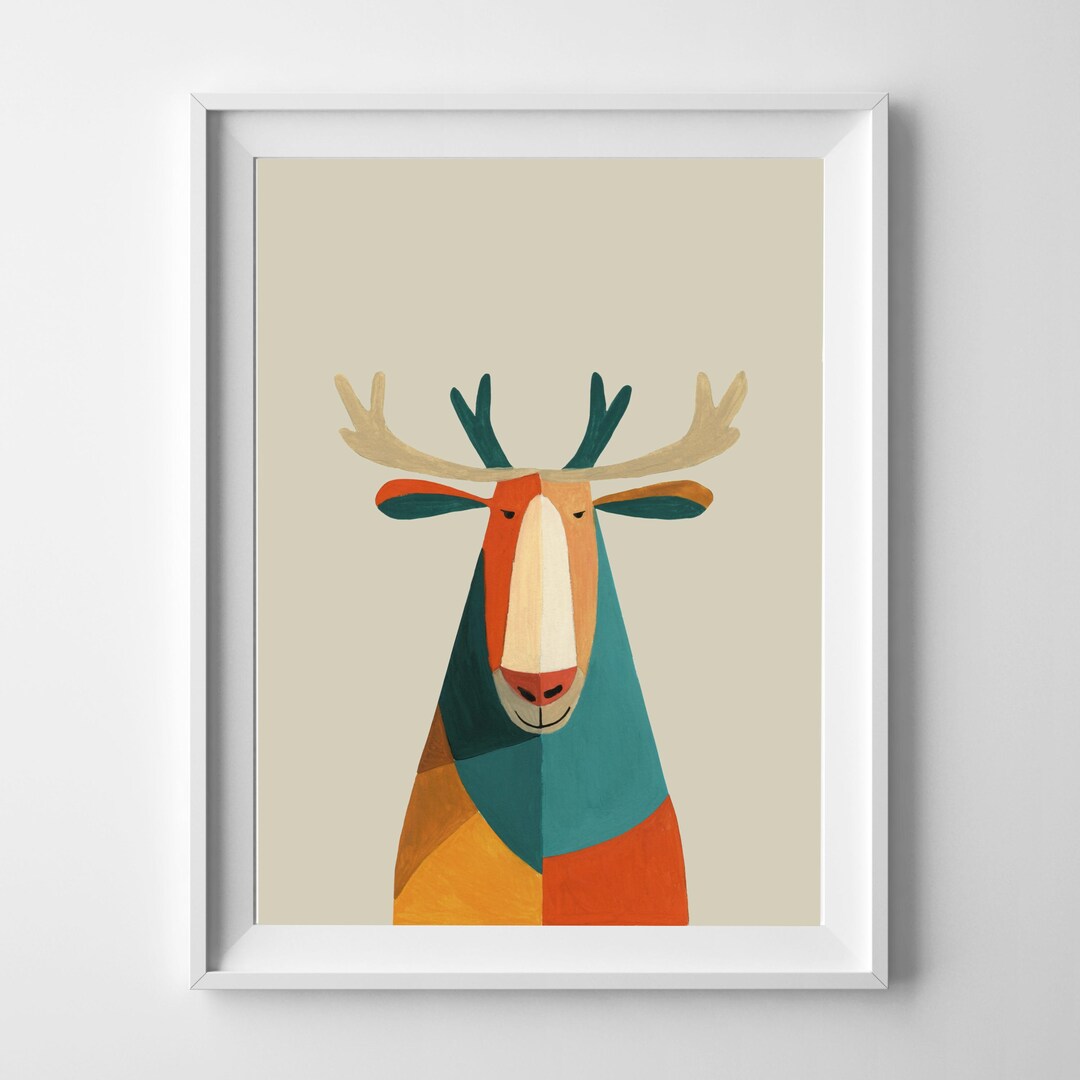 Modern Moose, Abstract Animal Art Print, Gouache , Hand Drawn, Digital ...