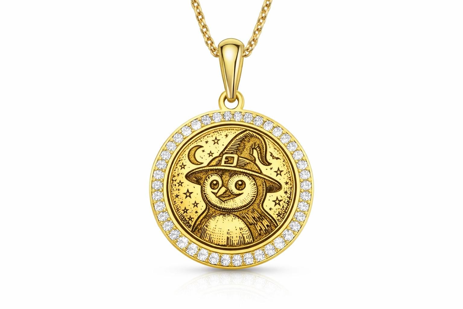 Witch Owl Pendant Necklace | Moissanite Gold Owl Medallion | Magic Wisdom Night Symbol Jewelry | Got
