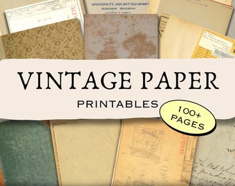 Op de afbeelding: Een verzameling vintage papieren printables met diverse verouderde texturen en documenten. De afbeelding bevat de tekst "VINTAGE PAPER PRINTABLES" en "REAL VINTAGE PAGES • NO AI". Een gele cirkel geeft "100+ PAGES" aan.