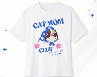 Cat Mom Club Tee, Chic Cat Floral Headscarf Graphic Shirt