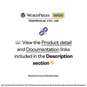 May include: White background with the WordPress and WooCommerce logos. Text reads "View the Product detail and Documentation links included in the Description section." The Etsy shop URL is also included.