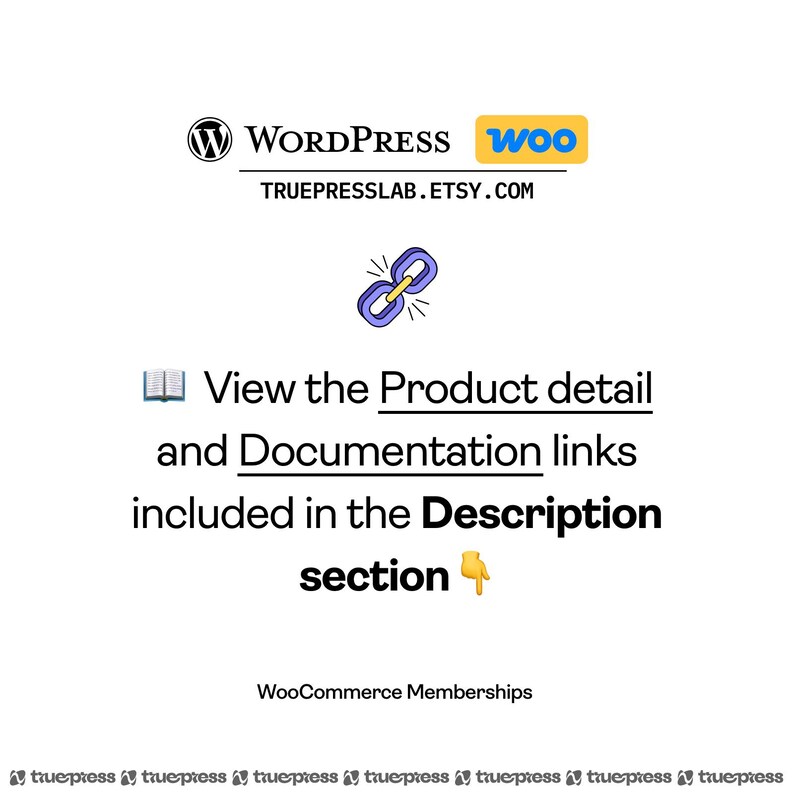 May include: White background with the WordPress and WooCommerce logos. Text reads "View the Product detail and Documentation links included in the Description section." The Etsy shop URL is also included.