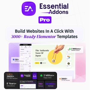 Może przedstawiać: Grafika promocyjna dla Essential Addons Pro, z fioletowym logo i tekstem "Build Websites In A Click With 3000+ Ready Elementor Templates." Zawiera zrzuty ekranu stron internetowych, recenzje użytkowników i statystyki pobrań.