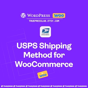 Può includere: Una grafica viola con i loghi di WordPress e WooCommerce, il logo USPS e il testo "USPS Shipping Method for WooCommerce". Viene visualizzato anche l'URL del negozio Etsy.
