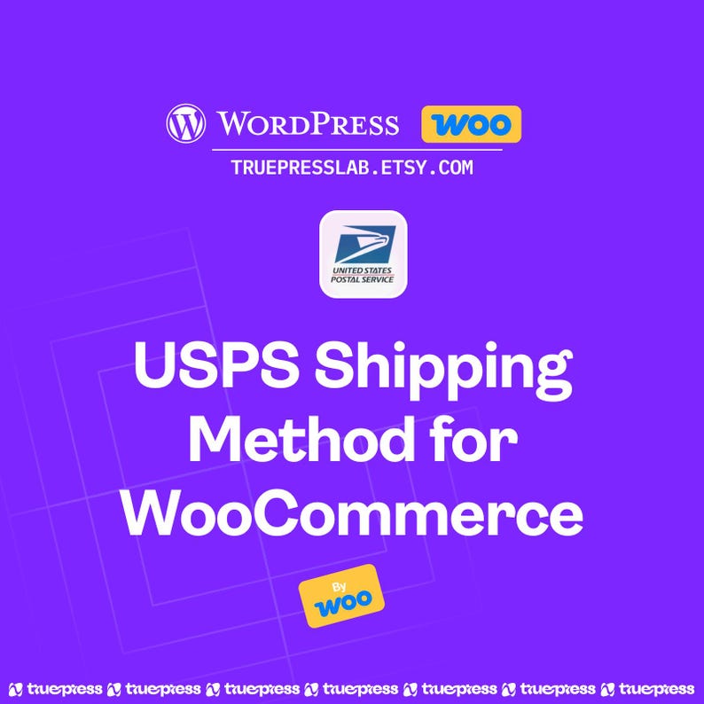 May include: A purple graphic with the WordPress and WooCommerce logos, the USPS logo, and the text "USPS Shipping Method for WooCommerce." The Etsy shop URL is also displayed.
