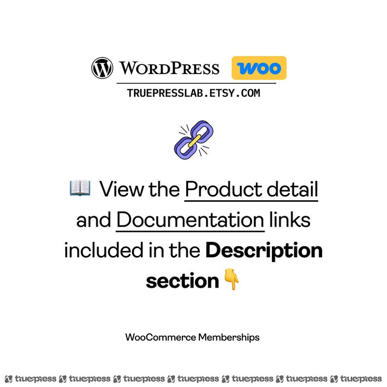 Op de afbeelding: Witte achtergrond met de WordPress- en Woo-logo's, een link-icoon en de tekst "Bekijk de productdetails en documentatielinks in de beschrijving". De Etsy shopnaam is ook opgenomen.