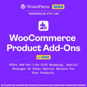 Puede incluir: Un gr&aacute;fico p&uacute;rpura que promociona los complementos de productos de WooCommerce. La imagen presenta los logotipos de WordPress y Woo, el texto "WooCommerce Product Add-Ons" en letras blancas grandes y la URL de la tienda Etsy.