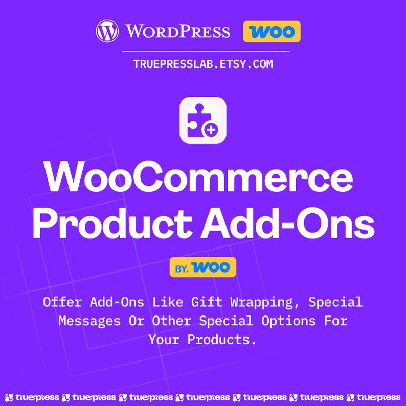 Puede incluir: Un gr&aacute;fico p&uacute;rpura que promociona los complementos de productos de WooCommerce. La imagen presenta los logotipos de WordPress y Woo, el texto "WooCommerce Product Add-Ons" en letras blancas grandes y la URL de la tienda Etsy.