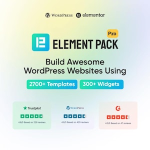 May include: A promotional graphic for Element Pack, a WordPress plugin. The image features the Element Pack logo, the text "Build Awesome WordPress Websites Using," and details about templates and widgets. It also includes Trustpilot and WordPress review ratings.