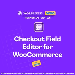 May include: A purple graphic promoting "Checkout Field Editor for WooCommerce." The WordPress and WooCommerce logos are visible, along with the Etsy shop URL. A shopping cart icon is also present.