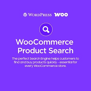 Peut inclure: Graphique violet avec les logos WordPress et WooCommerce. Le texte "WooCommerce Product Search" est affiché avec une icône de loupe. Le texte en dessous explique que le moteur de recherche aide les clients à trouver et acheter des produits rapidement.