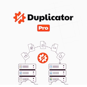 May include: An orange gear logo with the word "Duplicator" in black text above the word "Pro" in a red box. The image shows a data transfer concept with file icons and server illustrations.
