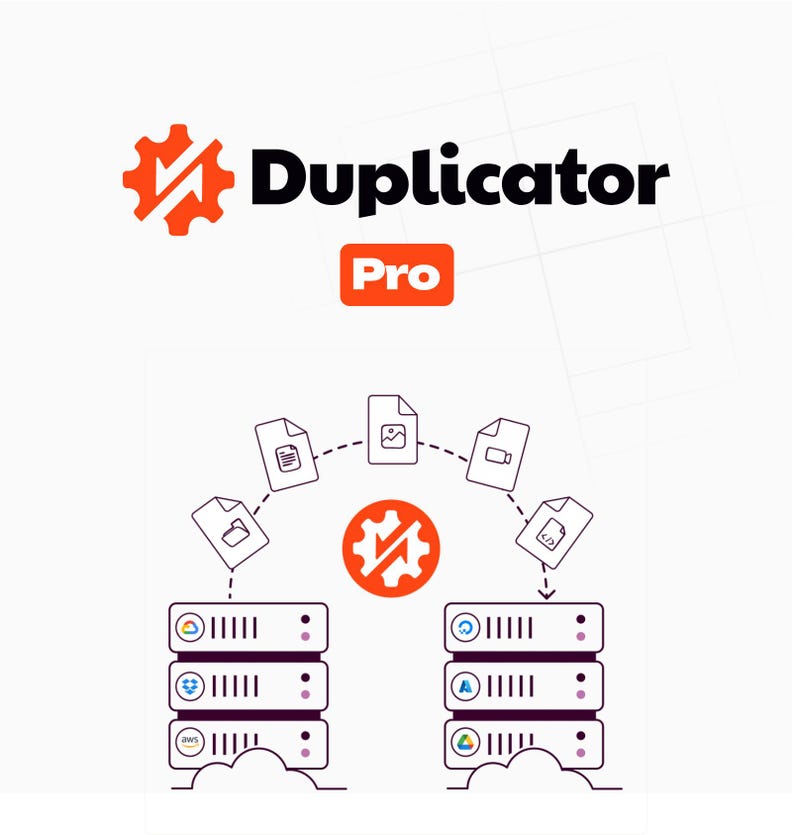 Puede incluir: Un logotipo naranja con forma de engranaje con la palabra "Duplicator" en texto negro sobre la palabra "Pro" en un cuadro rojo. La imagen muestra un concepto de transferencia de datos con iconos de archivos e ilustraciones de servidores.