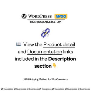 May include: White graphic with the WordPress and WooCommerce logos, a link icon, and text that reads "View the Product detail and Documentation links included in the Description section." The Etsy shop URL is also included.