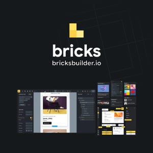 May include: The word "bricks" in white text with a yellow and white logo, and the website address "bricksbuilder.io" on a black background. The image also shows a computer screen with a website design interface.