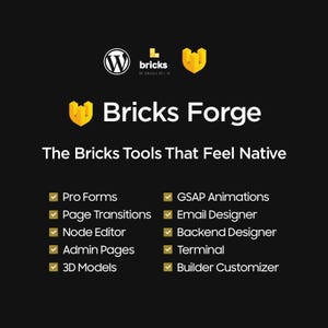 May include: Black graphic with the text "Bricks Forge" and the tagline "The Bricks Tools That Feel Native." The image includes logos and a list of features such as Pro Forms, Page Transitions, and 3D Models.