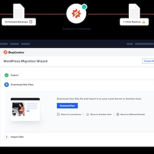 Puede incluir: Ilustraci&oacute;n digital que muestra la interfaz del Duplicator WordPress Migration Wizard. La imagen destaca funciones como almacenamiento en la nube, copias de seguridad programadas y restauraci&oacute;n con 1 clic. La interfaz incluye opciones para exportar, descargar archivos del sitio e importar sitios.