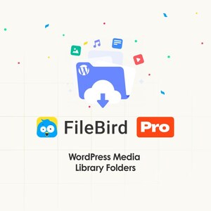 May include: A digital graphic promoting FileBird Pro, a WordPress media library folders plugin. The logo features a blue bird, the text "FileBird Pro," and a cloud with a downward arrow. The background is white with colorful confetti and icons.