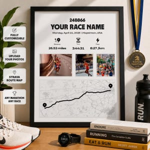 May include: A framed marathon race poster featuring the text 248866, YOUR RACE NAME, Monday, April 21, 2025, Hopkinton, USA, 26.53 miles, 3:44:31, and 8:27/km. It includes three photos of runners and a black route map on a white background.