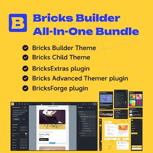 Könnte beinhalten: Gelber Hintergrund mit dem Text "Bricks Builder All-In-One Bundle" in Blau. Das Bild listet "Bricks Builder Theme", "Bricks Child Theme", "BricksExtras plugin", "Bricks Advanced Themer plugin" und "BricksForge plugin" auf.