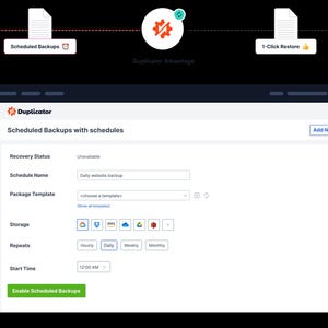 Puede incluir: Ilustraci&oacute;n digital que muestra un proceso de copia de seguridad y migraci&oacute;n de sitios web. La interfaz central muestra "Duplicator" con opciones para copias de seguridad programadas, almacenamiento en la nube y restauraci&oacute;n con 1 clic. La interfaz est&aacute; conectada a port&aacute;tiles e iconos de documentos.