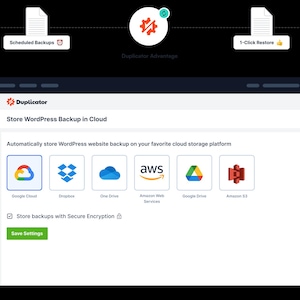 Puede incluir: Gr&aacute;fico digital que ilustra la copia de seguridad de sitios web y el almacenamiento en la nube. La interfaz central muestra el logotipo de Duplicator y opciones para almacenar copias de seguridad de WordPress en la nube, con iconos para varios servicios en la nube. La imagen incluye port&aacute;tiles y diagramas de flujo de datos.