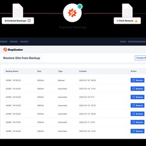 Puede incluir: Un gr&aacute;fico digital que ilustra los procesos de copia de seguridad y restauraci&oacute;n de sitios web. El elemento central es una interfaz de software etiquetada como "Duplicator", que muestra los detalles de la copia de seguridad. Tambi&eacute;n se representan port&aacute;tiles, almacenamiento en la nube y un asistente de migraci&oacute;n.