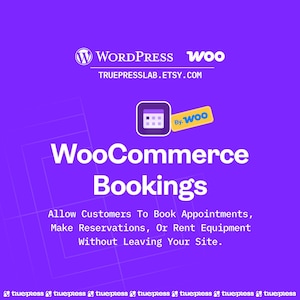 May include: A purple graphic promoting WooCommerce Bookings. The image includes the WordPress and Woo logos, the text "WooCommerce Bookings", and the Etsy shop URL. The text states that customers can book appointments, make reservations, or rent equipment.