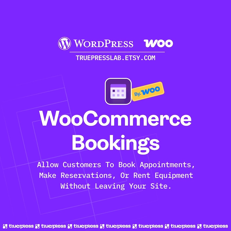 May include: A purple graphic promoting WooCommerce Bookings. The image includes the WordPress and Woo logos, the text "WooCommerce Bookings", and the Etsy shop URL. The text states that customers can book appointments, make reservations, or rent equipment.