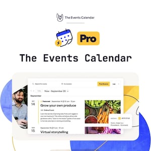 May include: A digital advertisement for "The Events Calendar" with a logo featuring a calendar icon and lightning bolt. The ad highlights "Pro" features and includes a screenshot of an event listing, with text about growing produce and virtual storytelling.