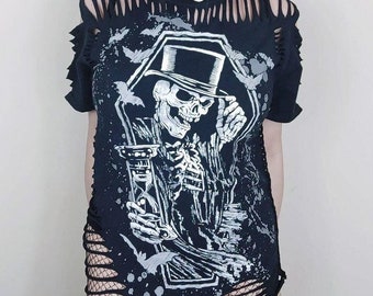 Goth Shredded Top Tunic Unisex Skeleton Coffin Bats Vintage Slashed Deathrock Trad