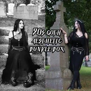 May include: Two women in black gothic outfits pose near gravestones. One wears a long black dress, platform boots, and a silver chain belt. The other wears a black corset, sheer sleeves, and a silver cross necklace. The image includes the text "90s Goth Aesthetic Bundle Box."